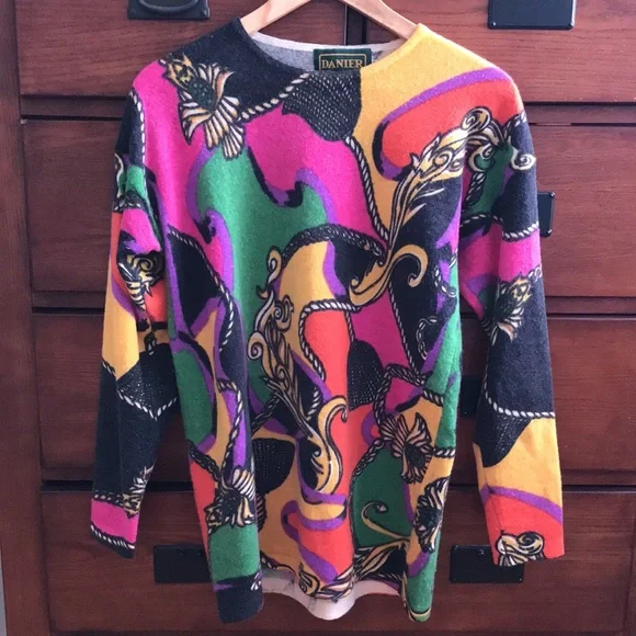 Vtg Danier Neon Colored Tassel Pattern Lambswool/Angora Blend Sweater Size Small - Picture 1 of 7